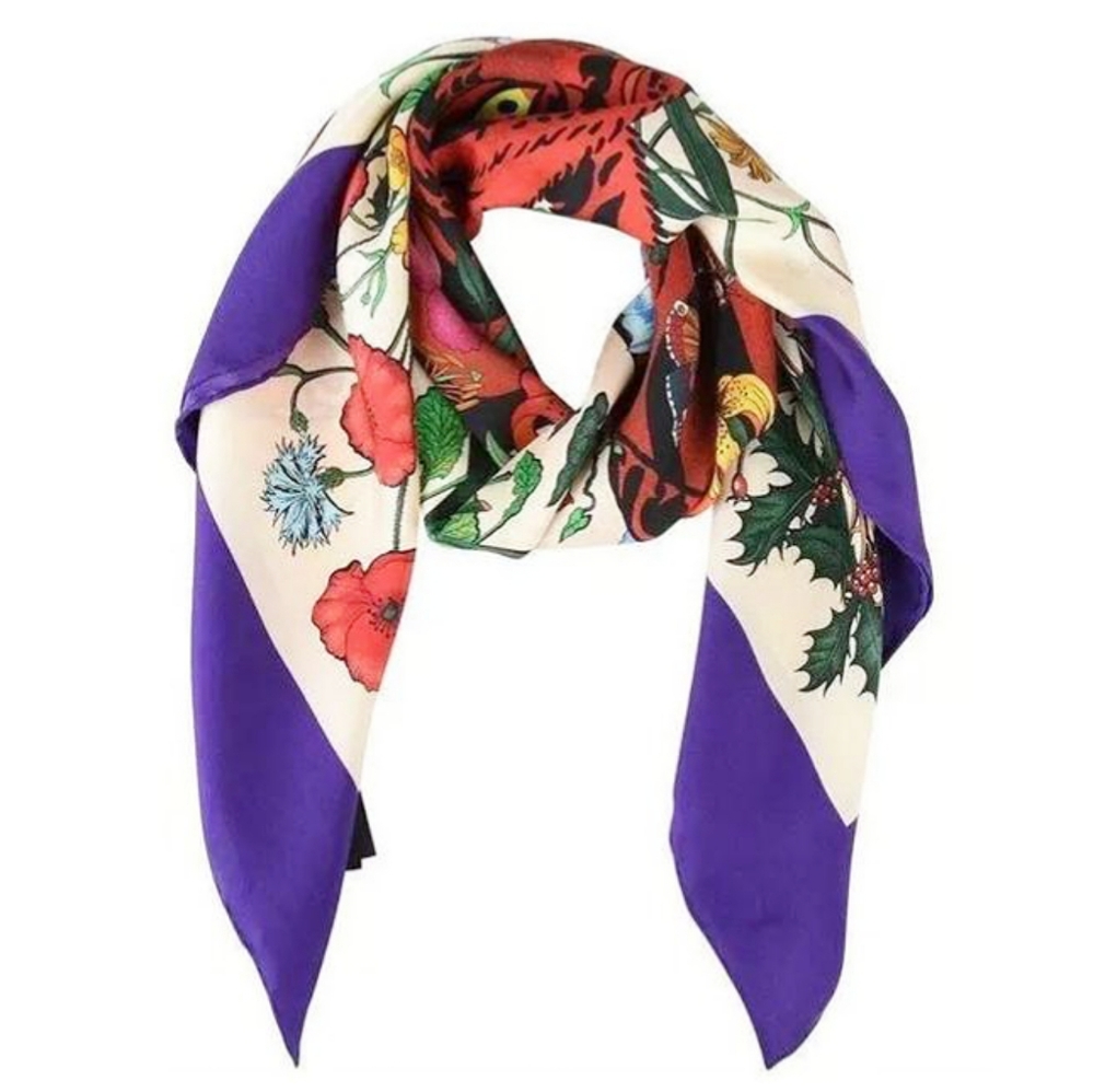 Gucci Flora Tiger Print Silk Scarf Shawl Foulard